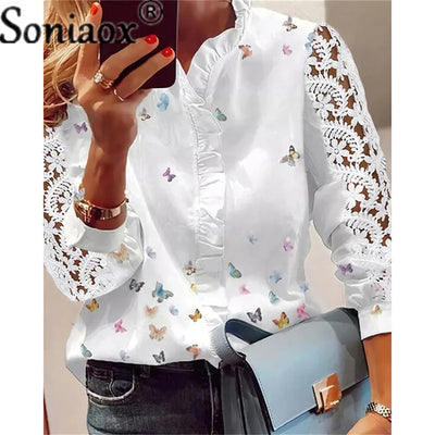 2022 Autumn Fashion Butterfly Print Women Blouses Lace Long Sleeve Ruffle V-Neck Blouse Shirt Casual Tee Tops Elegant Work Shirt