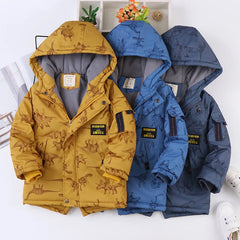 Autumn Winter Jacket For Boy Cartoon Dinosaur Hooded Plus Velvet Thicken Warm Boy Outerwear Coat 4-14 Year